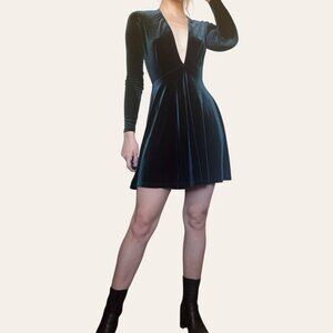 American Apparel dark green velvet plunge neck skater long sleeve mini dress xs